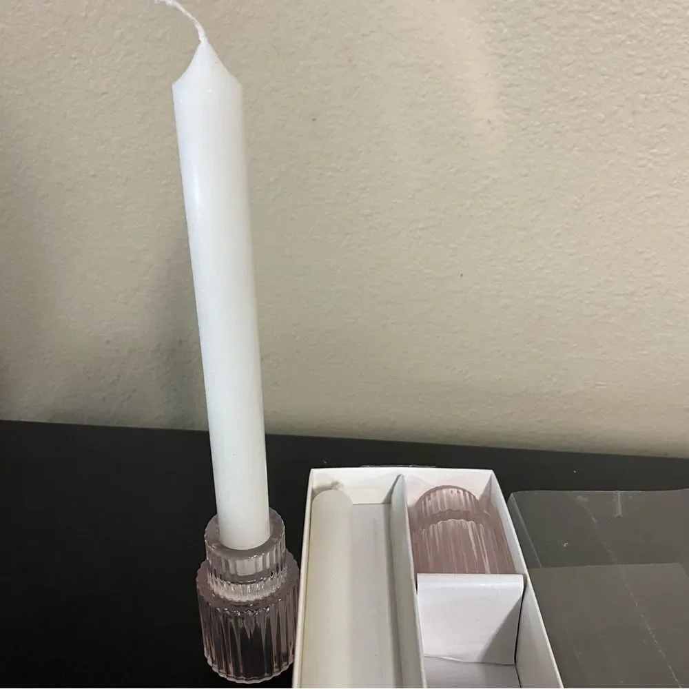 Pink ribbed glass candle holders set of 4 reversible modern farmhouse decor NEW